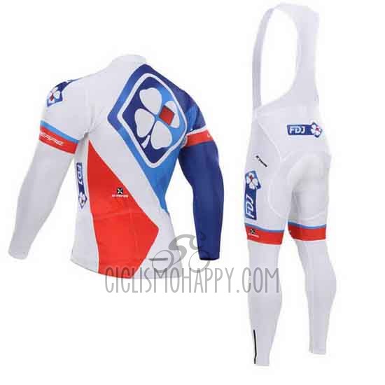 FDJ Cycling Jersey Bib Tight 2015 Long Sleeve White and Blue